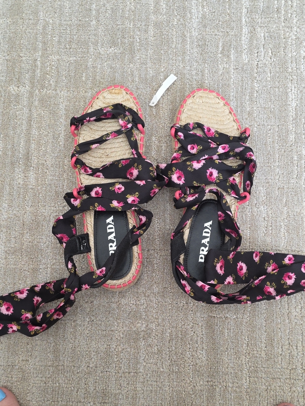 Prada Black Floral Lace-Up Espadrille Sandals with Pink Accents